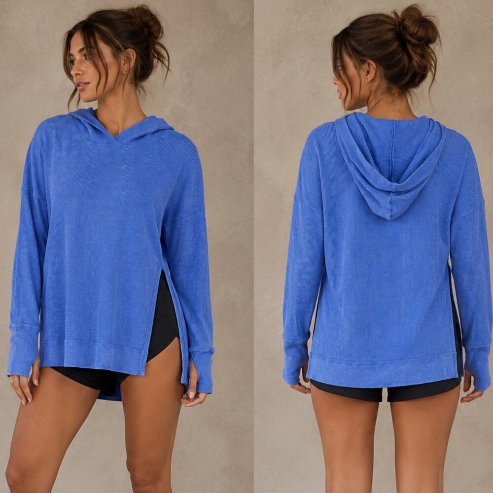 Te Verde Waffle Knit Bright Blue Side Slit Hoodie Size Large